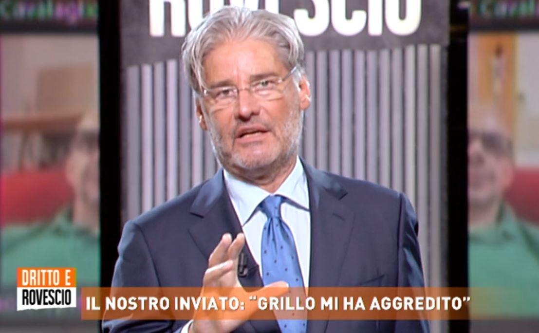 Del Debbio vs Grillo (che ha spintonato un inviato di Dritto e Rovescio): «Sei un poveraccio, mi fai un baffo. Se hai i cogl*oni attacca quelli come me!» – Video