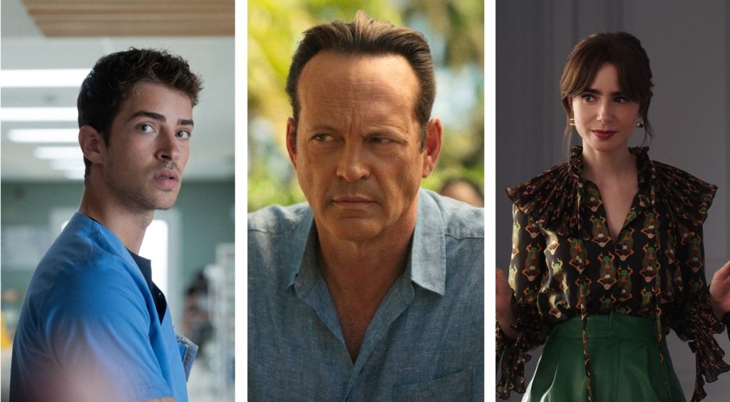 Manu Rios in Respira, Vince Vaughn in Carl Hiaasen's bad monkey, Lily Collins in Emily in Paris